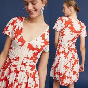 NWOT Maeve Anthropologie orange and white short sleeves ruched dress floral